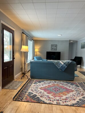 TV connectée, cheminée, livres