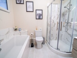 Shower, hair dryer, towels, soap
