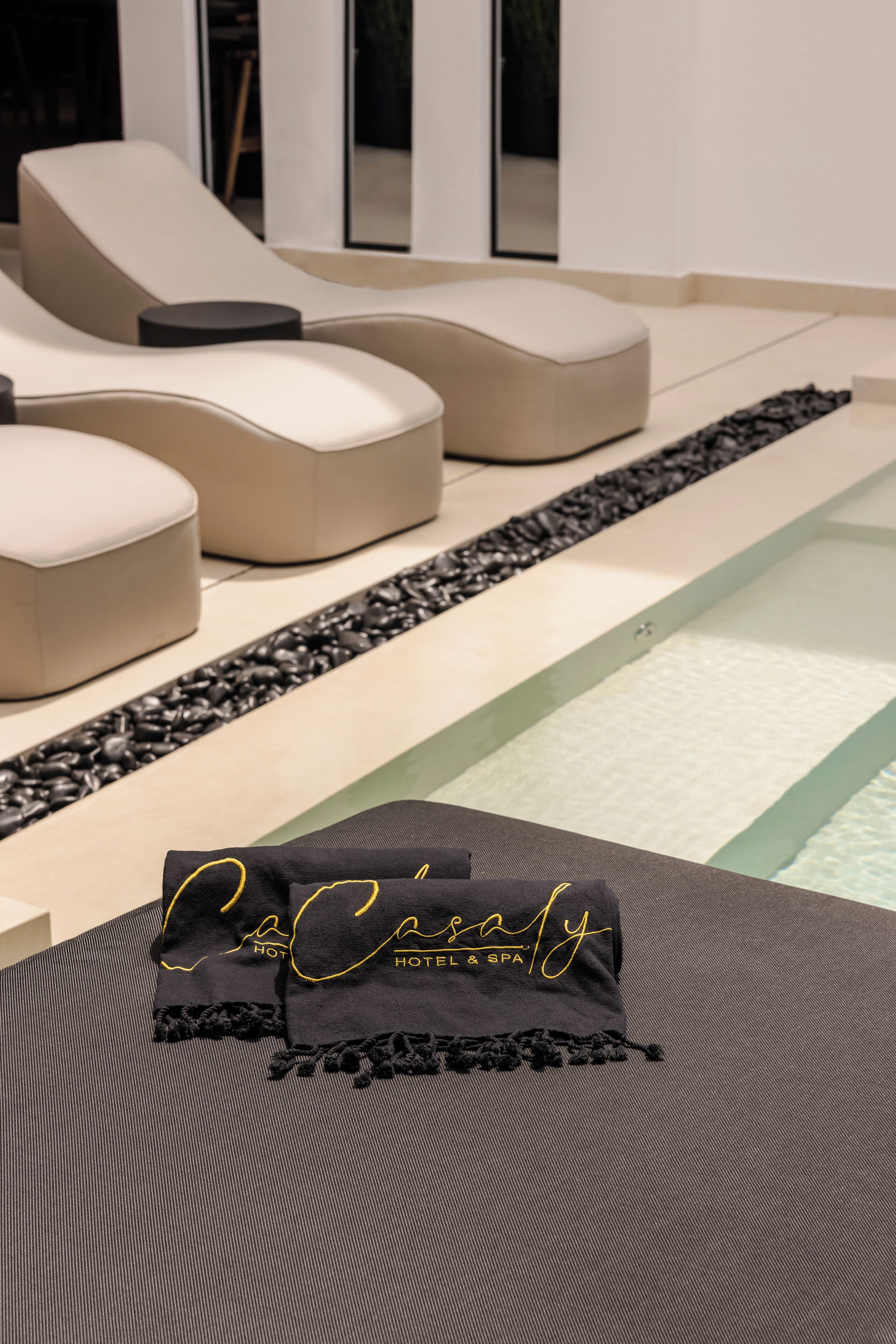 Une chambre d’hôtel moderne avec une piscine, des chaises longues et une serviette noire arborant le logo « Naylissy Hotel & Spa ».