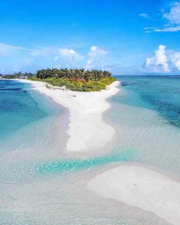 On the beach, white sand, sun-loungers, beach umbrellas. Oasis Village Fenfushi