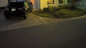 Una casa residencial con garaje, un automóvil estacionado y una palmera.