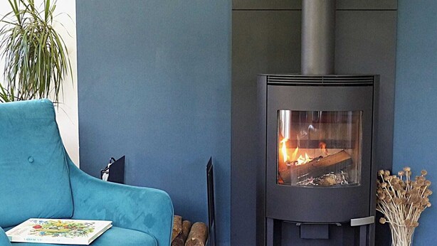 A modern living room with a blue sofa, a fireplace, a potted plant, and a vase with dried flowers. - Maison à la Montagne Avec la vue sur le Montcalm Avec son Jardin Clôturé (Auzat)
