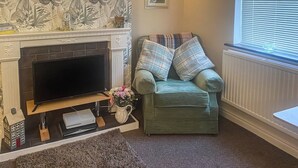 Een woonkamer met een open haard, een televisie, een groene fauteuil met geruite kussens, een bijzettafeltje met een bloevas en een ingelijste foto aan de muur.