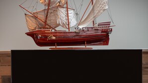 Een flatscreen televisie bevestigd aan een houten muur, met daarboven een model schip, een klein plantje en een paar boeken op een plank eronder.