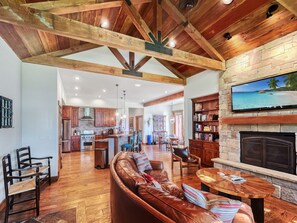 Smart TV, fireplace, books