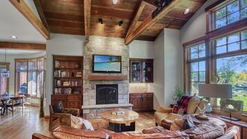 TV connectée, cheminée, livres