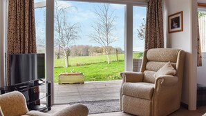 Un salon avec un canapé, un fauteuil et un téléviseur. Il y a une grande fenêtre avec des rideaux, un tableau au mur et une petite table avec une plante.