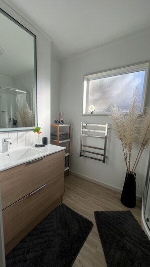 Secador de cabelo, toalhas de banho, sabonete, papel higiênico