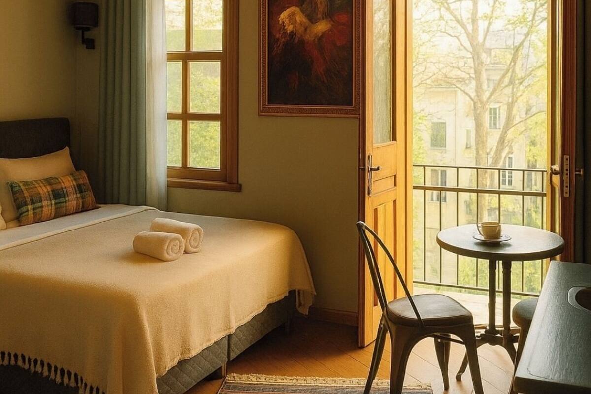 A bedroom with a bed, a painting, a window, a table, and a chair.