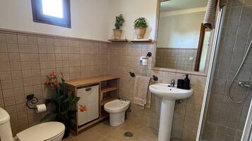 Hair dryer, bidet, towels, soap