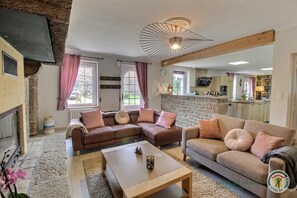 Télévision, cheminée, livres