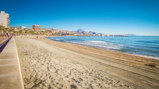 A wide sandy beach with a clear blue sky, a promenade lined with palm trees, and buildings in the background. - Stunning apartment in El Campello with WiFi (El Campello)