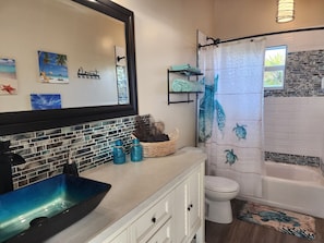 Hair dryer, towels, soap, toilet paper