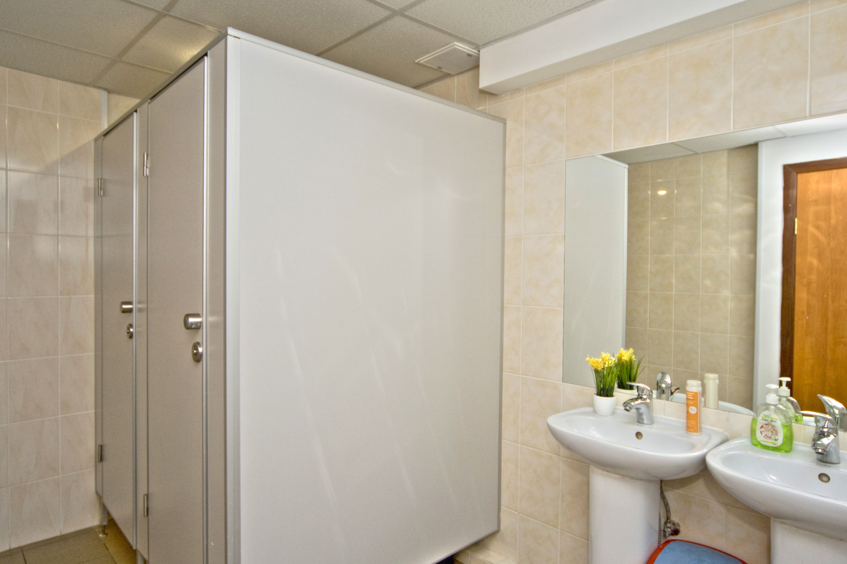 A bathroom with two sinks, a mirror, and a cabinet.