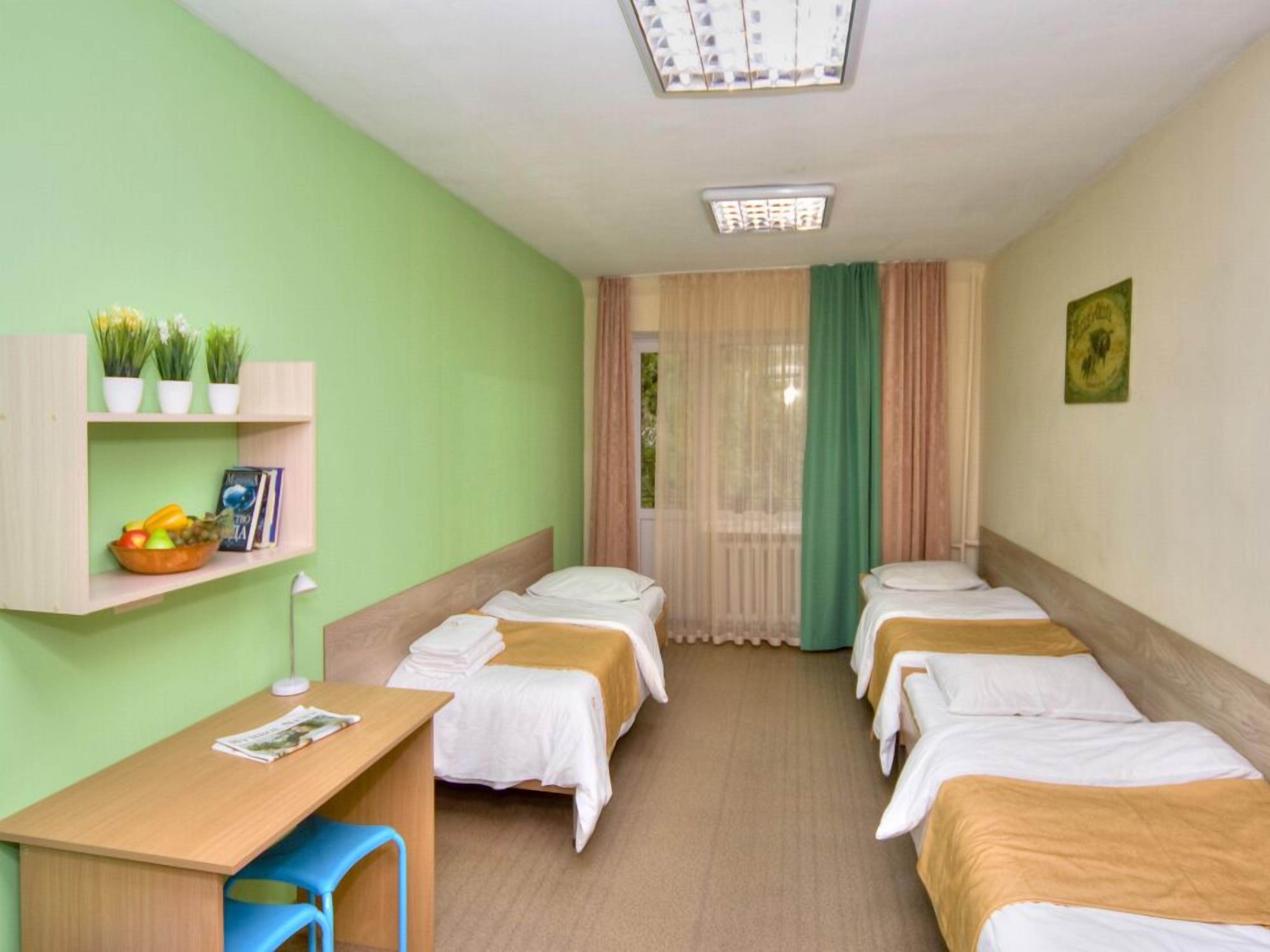 A hotel room with two single beds, a desk, a chair, a shelf with plants and a book, and a window with curtains.