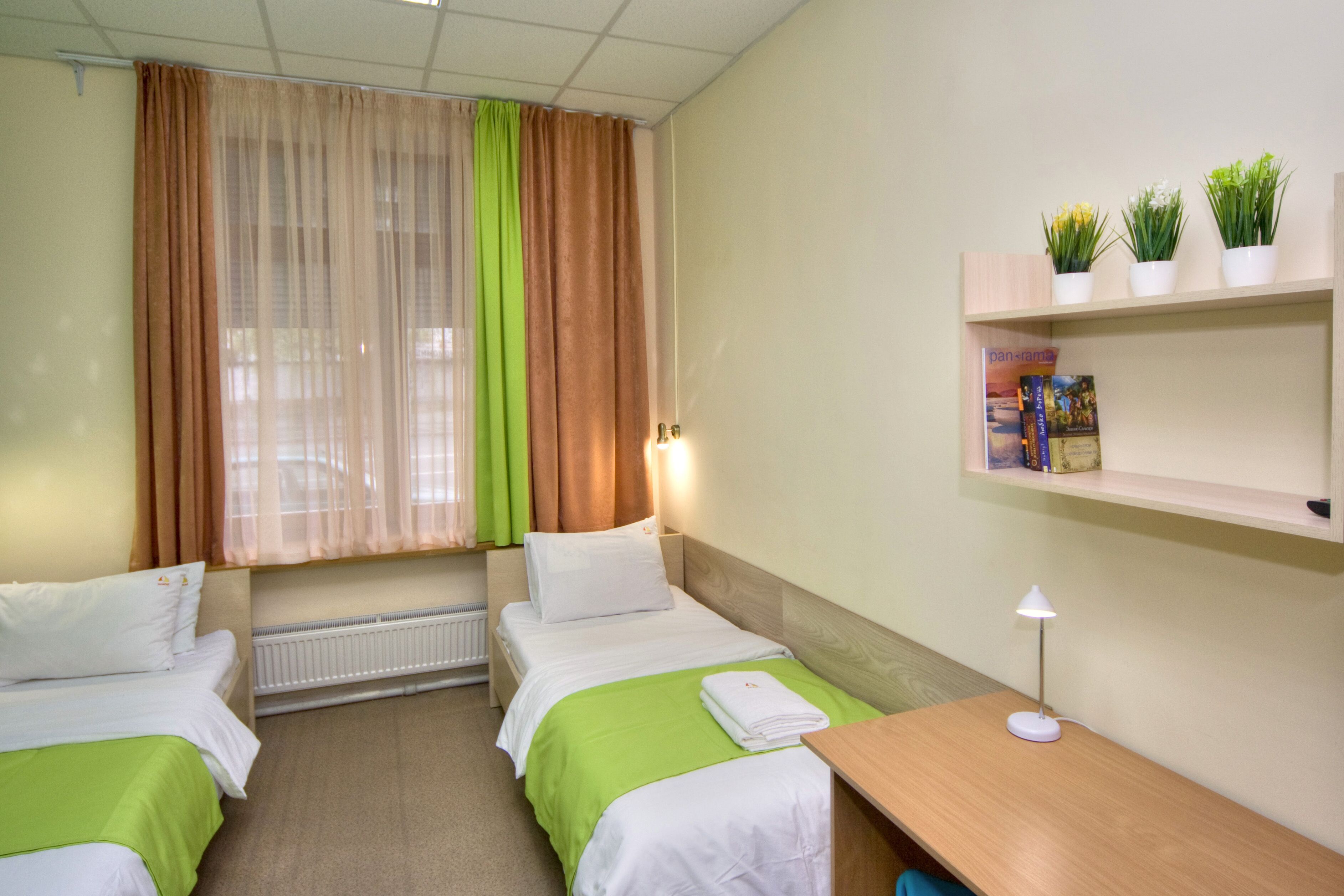 A hotel room with two single beds, a wooden desk, a radiator, a window with sheer curtains, and a shelf with books and plants.