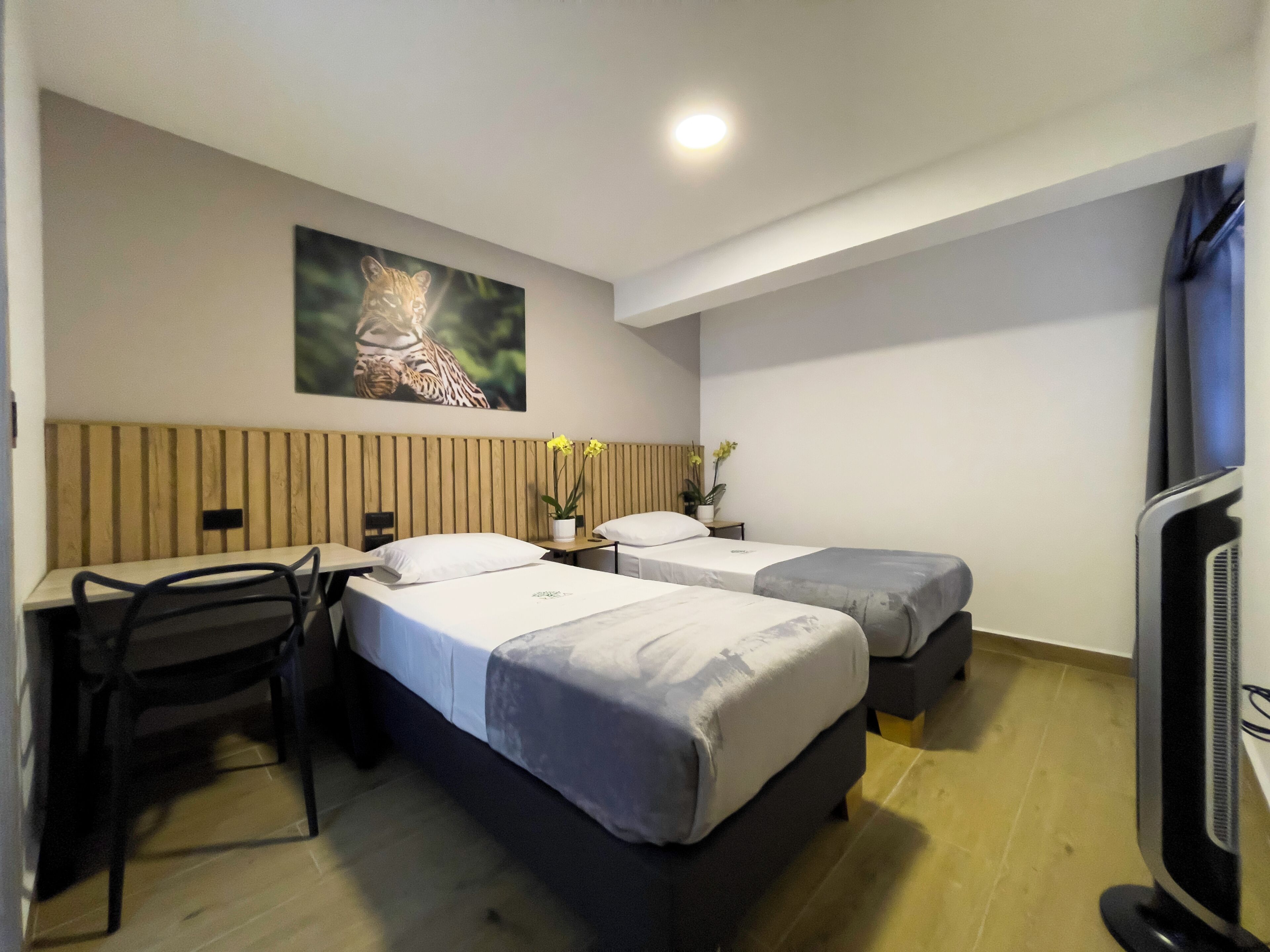 A hotel room with two beds, a desk with a chair, a television, and a painting on the wall.
