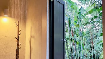 Shower, rainfall showerhead, free toiletries, towels