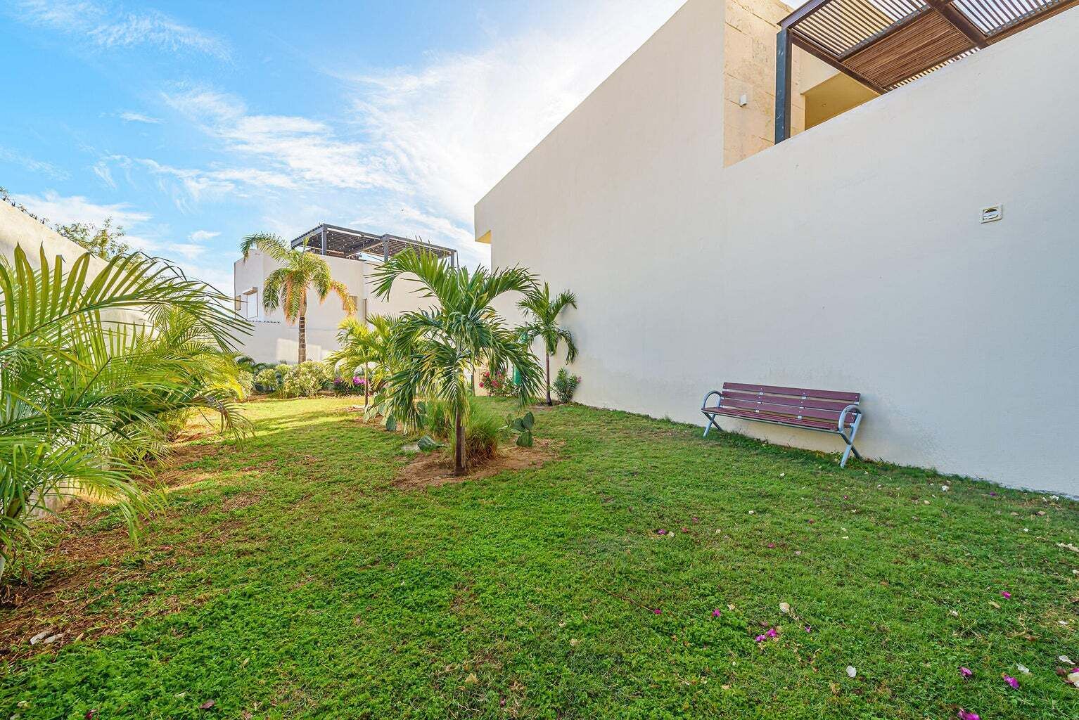 Un área verde bien cuidada con un banco, palmeras y un edificio de fachada blanca.