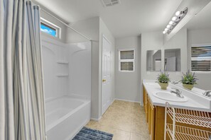 Hair dryer, towels, soap, shampoo