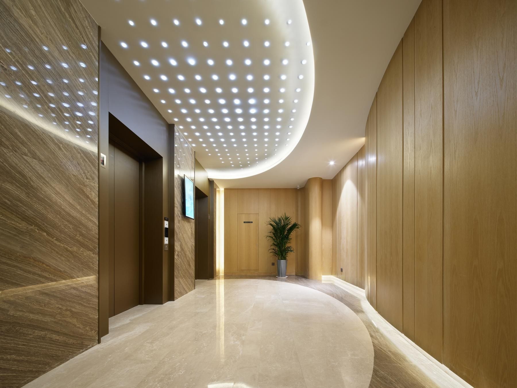 A modern interior with a curved ceiling, wooden panel walls, and a marble floor.