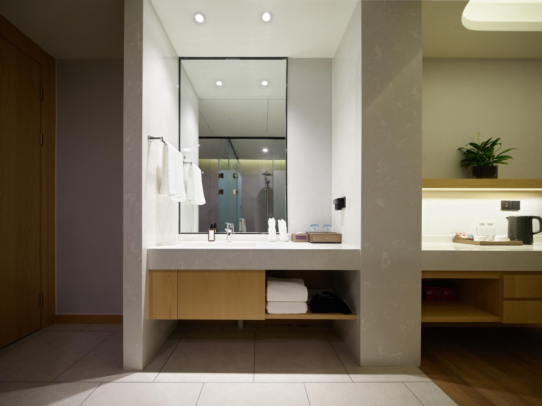 Une salle de bain moderne avec un grand miroir, un meuble-lavabo en bois et une zone de douche visible dans le reflet.
