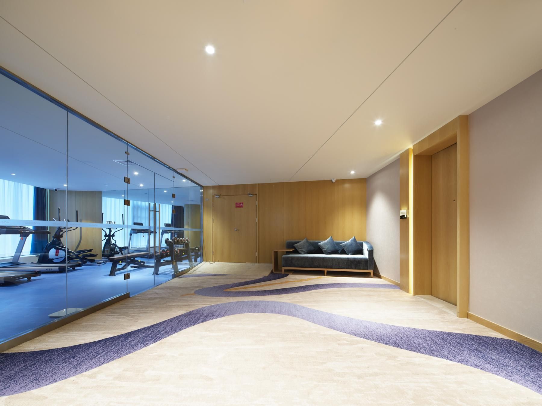 Ein modernes Hotelzimmer mit einem großen Spiegel, Fitnessgeräten, einer Wandpaneele aus Holz und einem gemusterten Teppich.