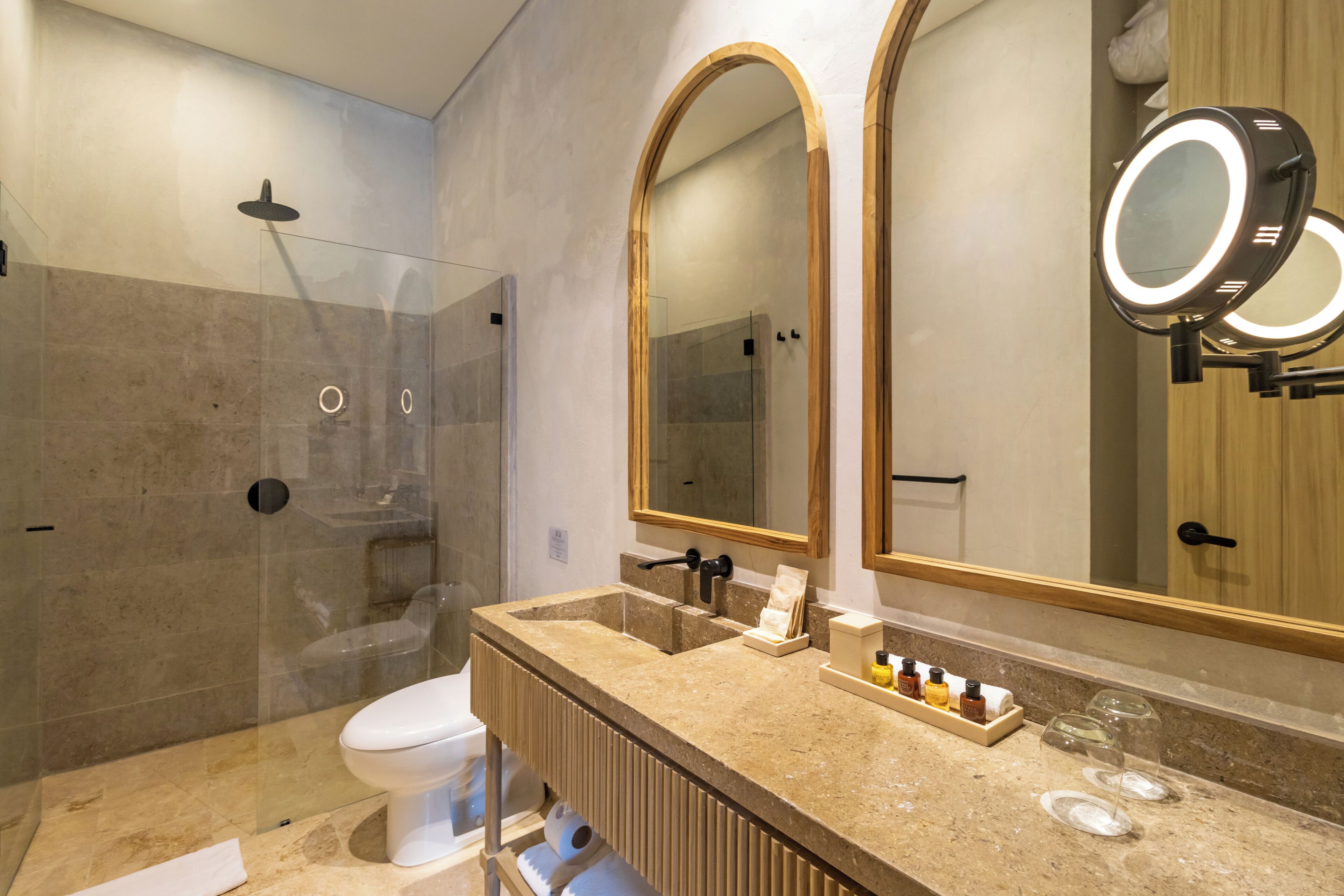 A modern bathroom with a glass-enclosed shower, a toilet, a sink with a vanity, and two mirrors.