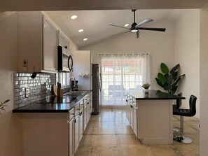 Fridge, microwave, coffee/tea maker, toaster