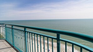 A balcony with a view of the beach and ocean. - Gorgeous 3 Bdrm Oceanfront Condo 19th Floor (Myrtle Beach)