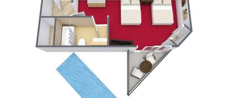 A hotel room layout with a bed, a desk, a chair, a small table, and a pool area.