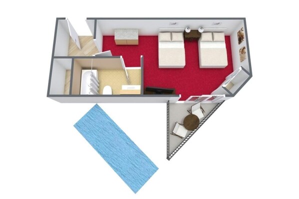 A hotel room layout with a bed, a desk, a chair, a small table, and a pool area.
