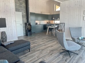 Smart TV, fireplace, DVD player, books