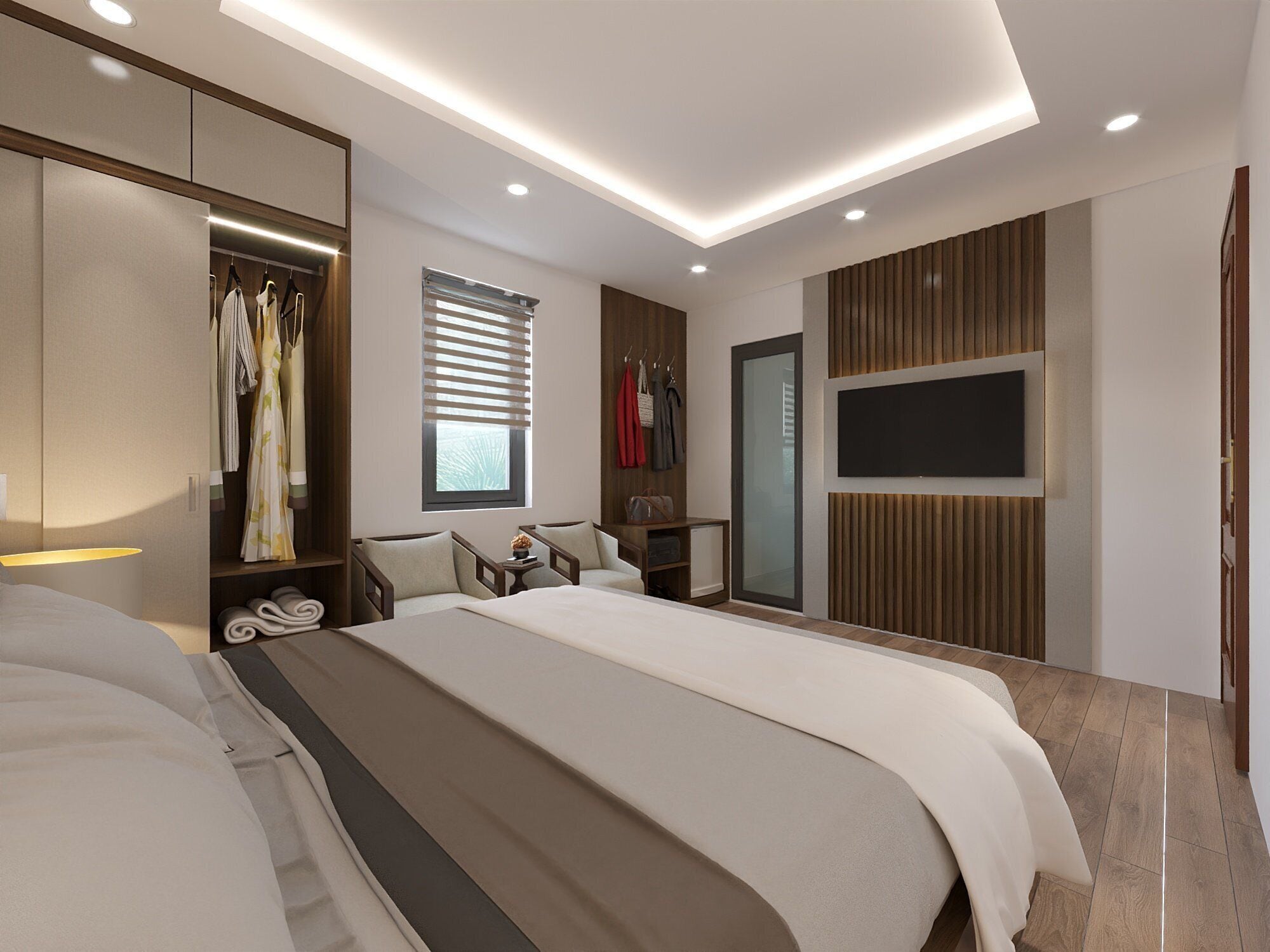 Een moderne hotelkamer met een groot bed, een kledingkast, een zithoek, een televisie en een raam met jaloezieën.