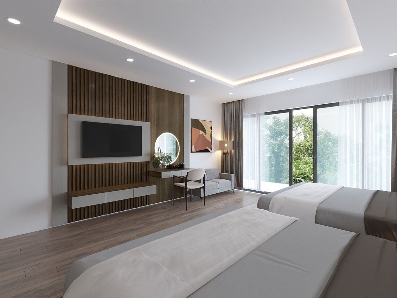 Habitación cuádruple Deluxe | Edredón, camas con efecto memoria, muebles diferentes y escritorio 