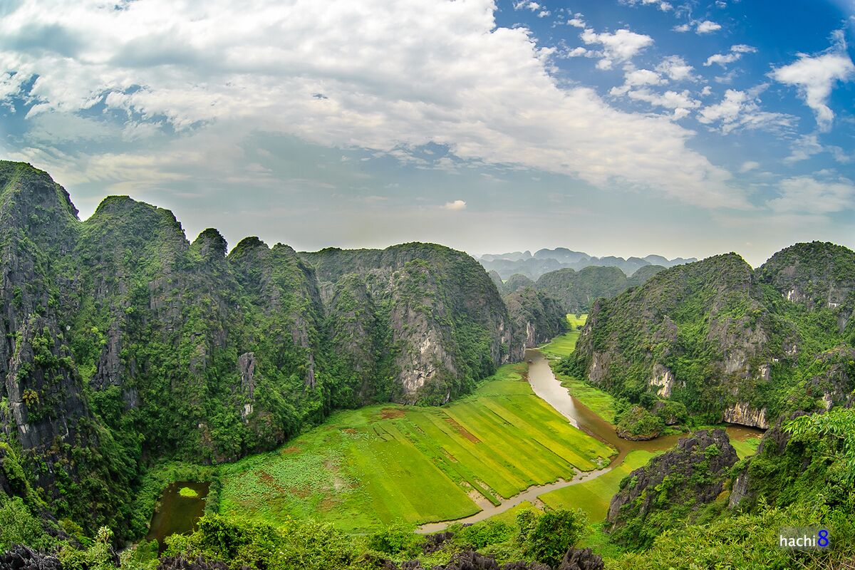 A lush green valley with a river, surrounded by steep cliffs.