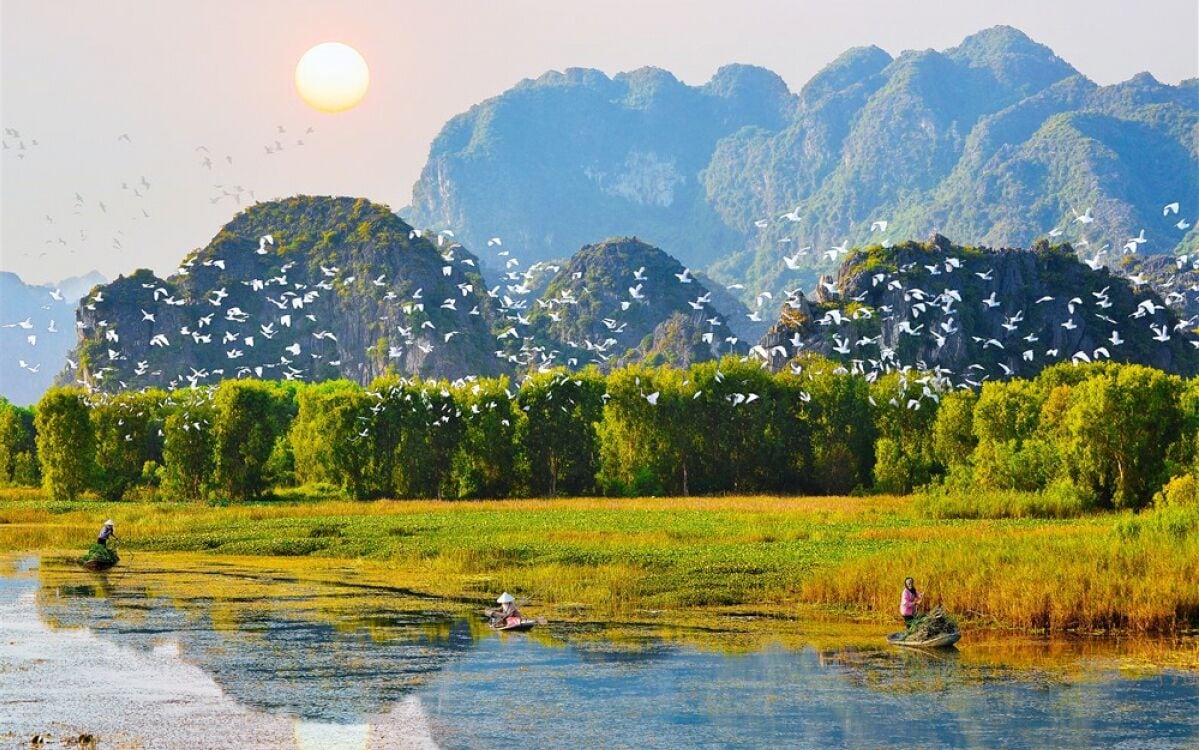 Uma paisagem tranquila com corpos d'água, vegetação exuberante e montanhas ao longe.