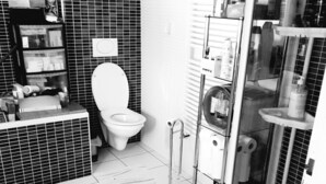 Une salle de bain moderne équipée de toilettes, d’un lavabo et d’un espace douche.