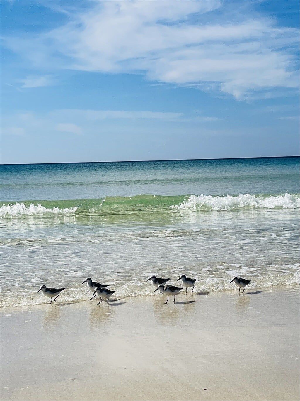 A beach with waves and a clear sky.