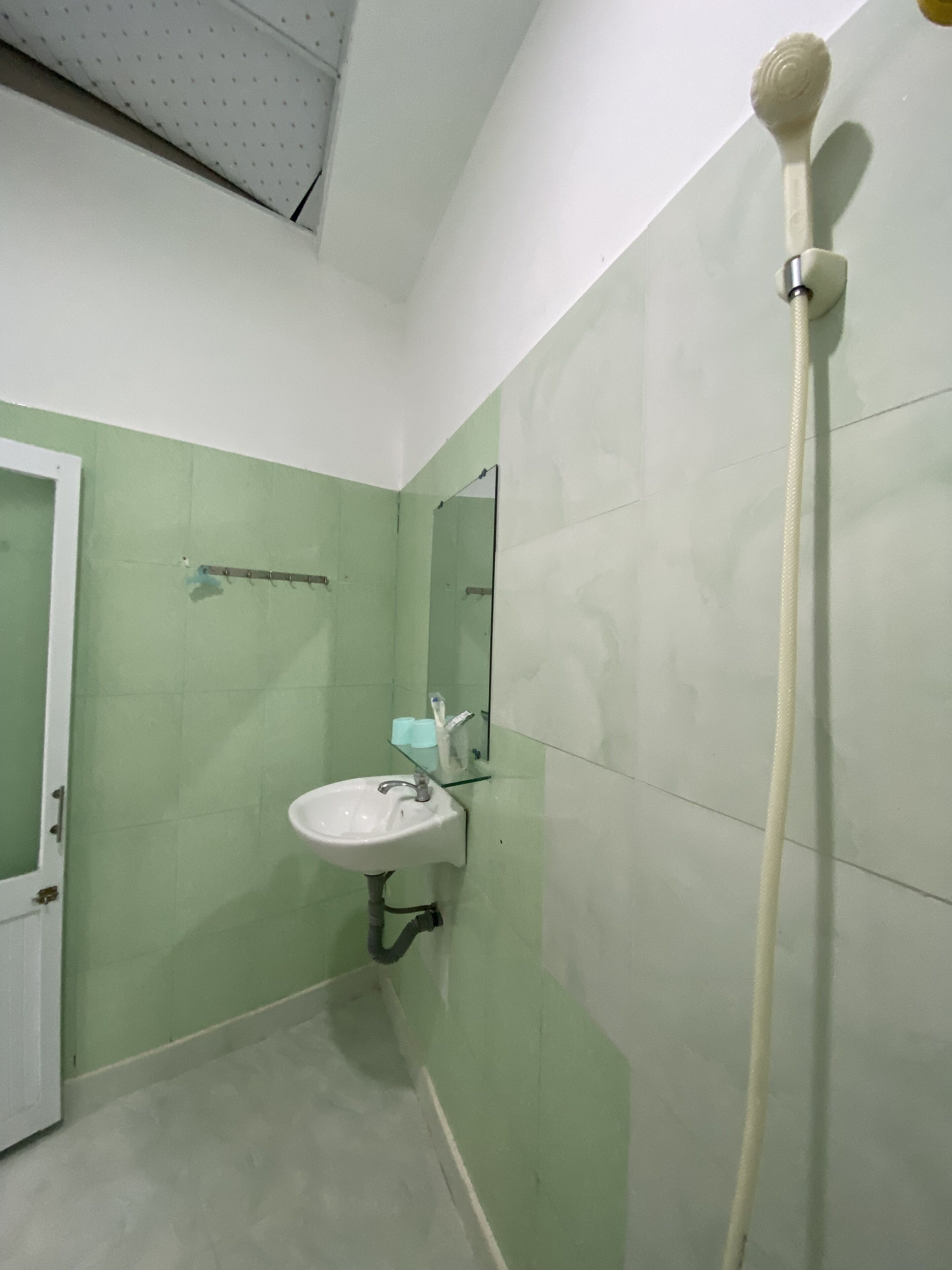 A bathroom with a white sink, green walls, and a shower with a white hose.
