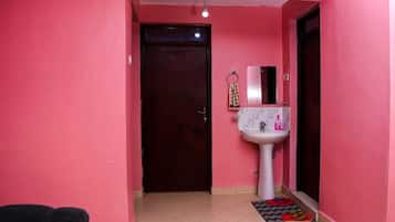 Hair dryer, towels, soap, toilet paper