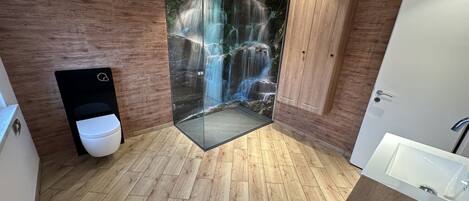 A modern bathroom with a wooden floor, a glass shower enclosure, a toilet, and a bathtub.
