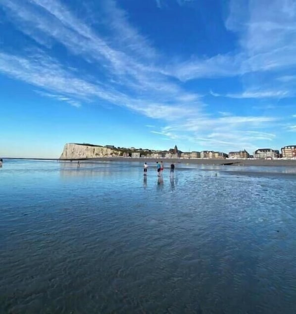 Un paysage côtier avec un ciel dégagé, une eau calme et des bâtiments en arrière-plan.