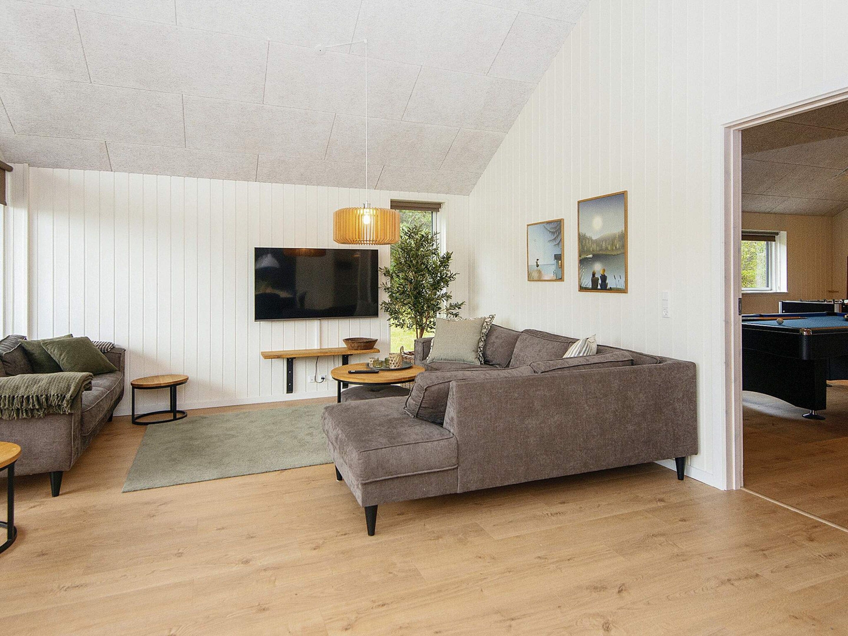 Ett vardagsrum med en soffa, ett soffbord, en tv och ett biljardbord.