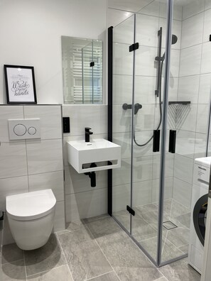 Shower, hair dryer, soap, shampoo