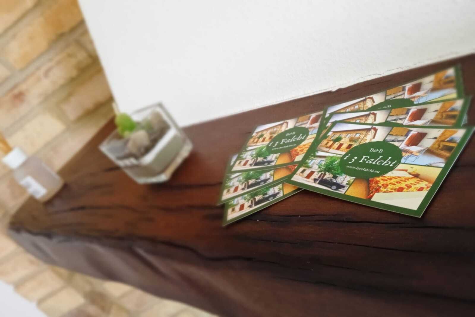Een houten tafel met brochures en een kleine plant in pot.