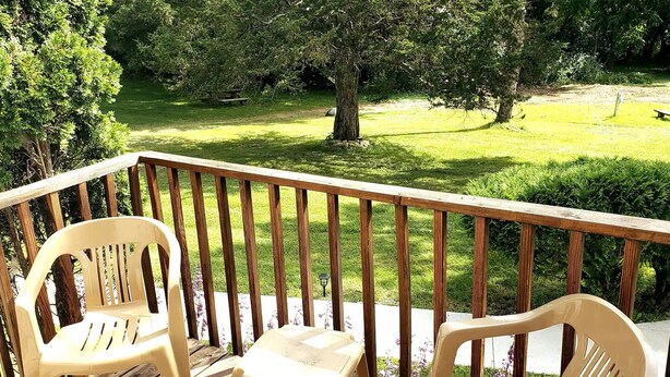 A wooden deck with two plastic chairs and a table, overlooking a grassy area with trees and a picnic table. - Viola Suite #2 | Quiet 2BR, Lg Yard, 3 Mi to Mayo! (Rochester)