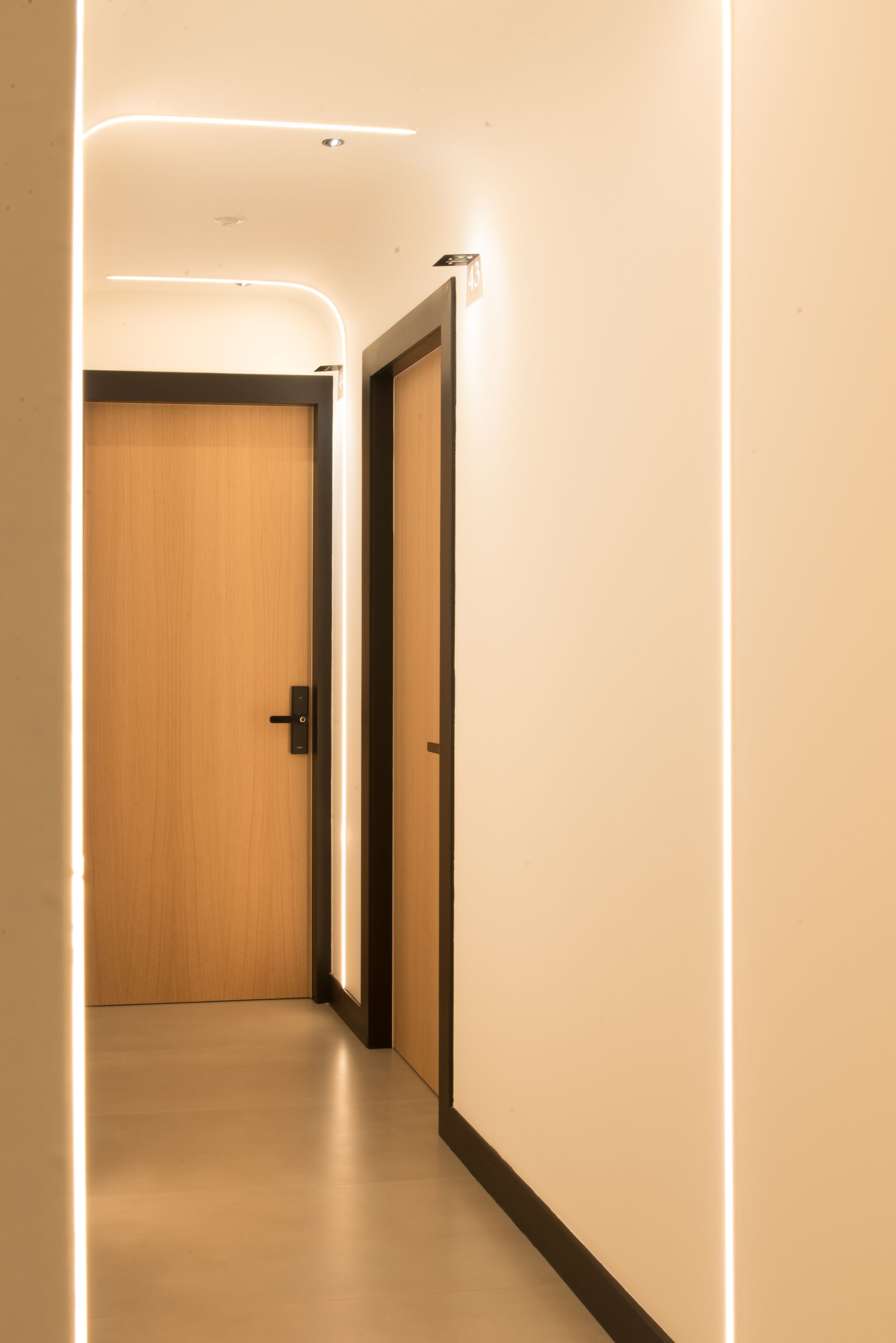 A hallway with a wooden door and a black-framed door, both with modern light fixtures above.