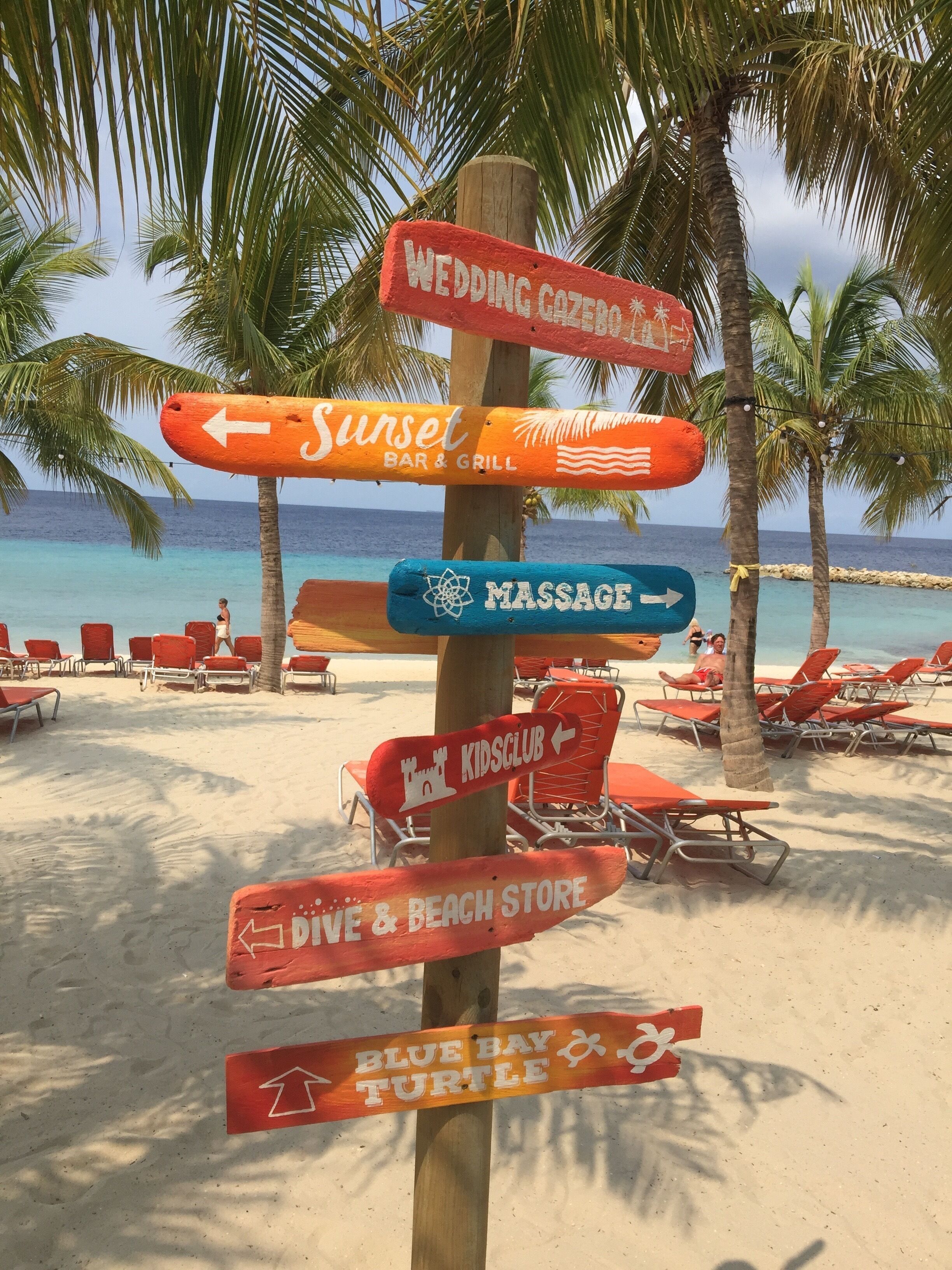 A beach with a signpost pointing to various amenities including a wedding gazebo, sunset bar & grill, massage, kids club, dive & beach store, and Blue Bay Turtle.