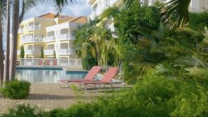 A hotel with a pool, palm trees, and lounge chairs. - Blue Bay Beach Apartments (Sint Michiel)